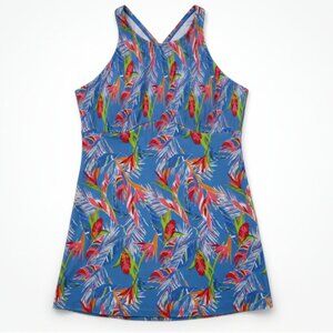 Fit 4 U Swimdress Swimsuit One Piece High Neck Tropical Floral Blue Size 16 NWT